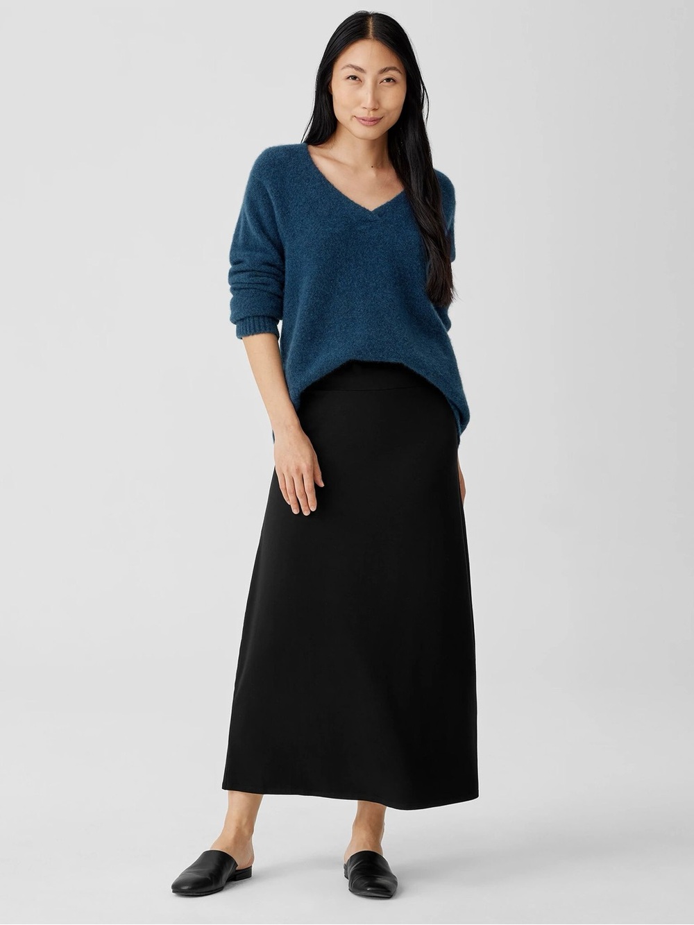 Eileen Fisher A-line MIDI Skirt Pull In Stretch Jersey Knit Wool Women M Black